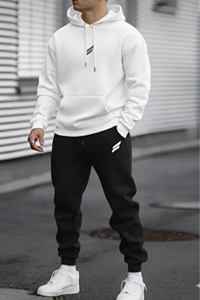 NO 601 Men's White Double Striped Printed Hooded Black Tracksuit Set