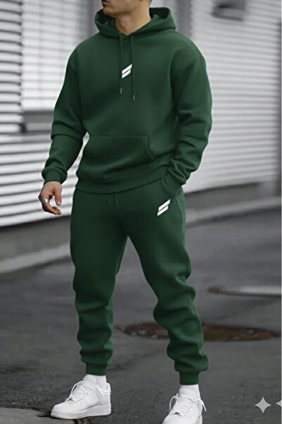 NO 601 Men's Green Double Striped Printed Hooded Green Tracksuit Set