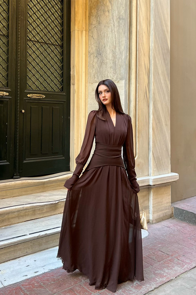 Klex Uzun Kollu Kuşaklı Şifon Uzun Boy Kadın Abiye Elbise-Kahverengi - S