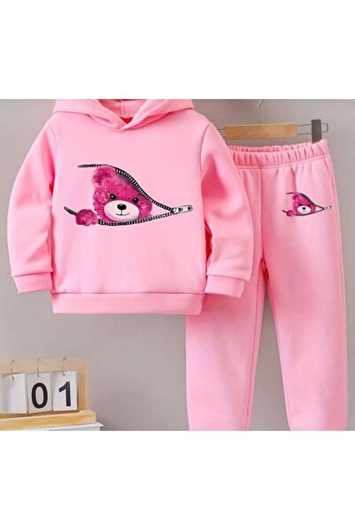 Kids Pembe Kapüşonlu Kalın Kışlık Alt Üst Takım