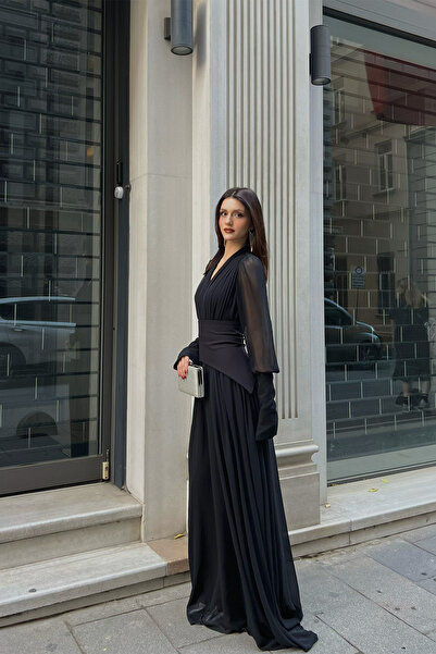 Klex Uzun Kollu Kuşaklı Şifon Uzun Boy Kadın Abiye Elbise-Siyah - M