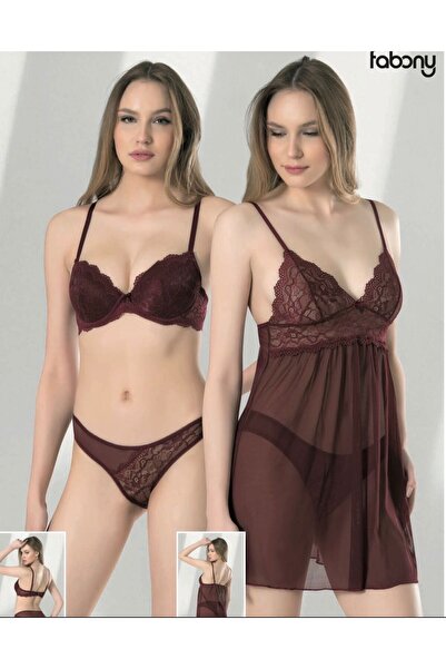 THE SECRET KİSS KADIN ÜÇLÜ SET GECELİK TAKIM BORDO