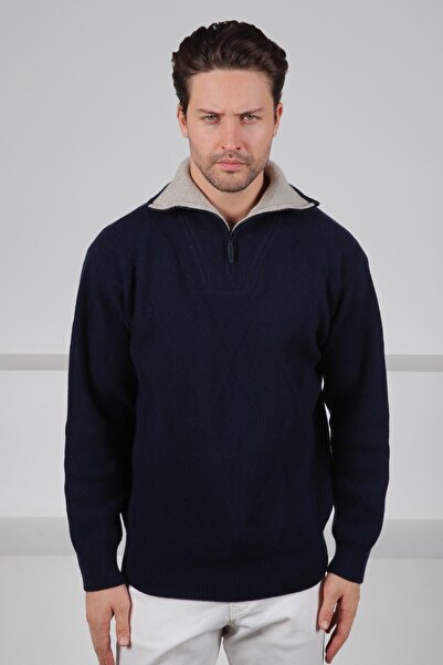 Ferraro سترة رجالية من الصوف بنسبة 100% بأكمام طويلة وياقة عالية وسحاب ونقش بارز باللون الأزرق الداكن