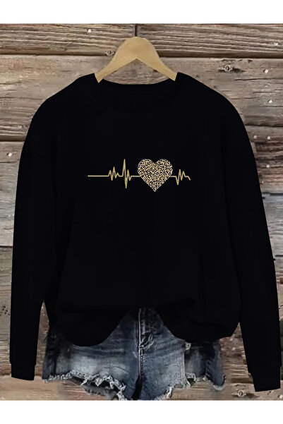 MODAVİBE Оверсайз суитшърт с качулка и принт на сърдечен ритъм с леопардов пр...