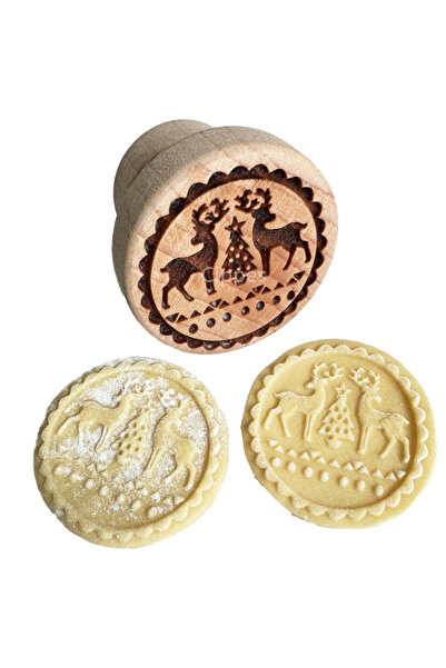 Choice1 Reindeer Wooden Cookie Stamp Cookie Mold for Christmas, with Reindeer Snowman Pattern, Round Embosse