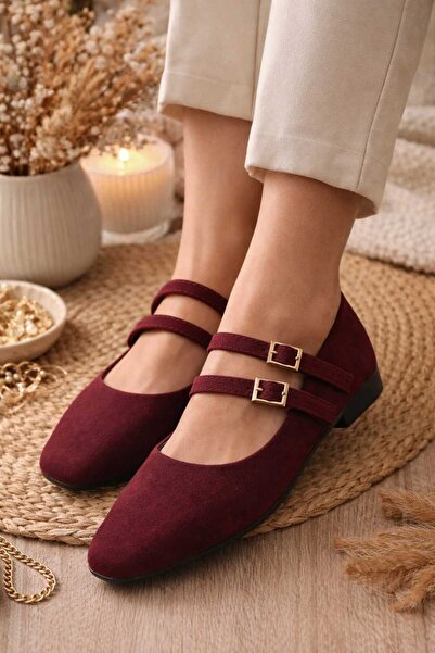 Slipcat Women's Top-Strapped Double Buckle Double Strap Buckle Suede Ballerinas Suede