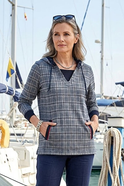 YXL COLLECTION Women's Plus Size Collar Lace-Up Hooded Long Sleeve Fleto Pocket Square Striped Transitional Sweatshirt