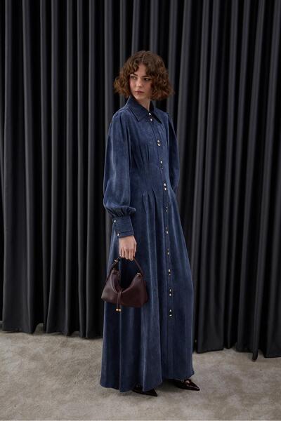 Hilay Mari Düğmeli Belden Oturtmalı Elbise LACİVERT