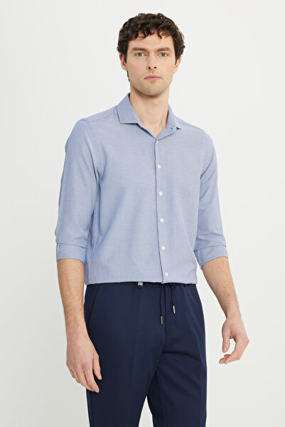 ALTINYILDIZ CLASSICS Men's Navy Blue-White Cotton Regular Fit Regular Cut Small Italian Collar Houndstooth Pattern Shirt