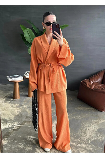 My Blog Orange Shawl Collar Kimono Pants Set - 98655