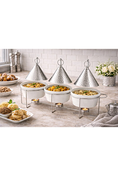 Dania ✨ Porcelain Serving Set with Metal Warmer Stand – 3 Pieces ✨ The epitome of hospitality… and elegant presentation for every occasion 🔥