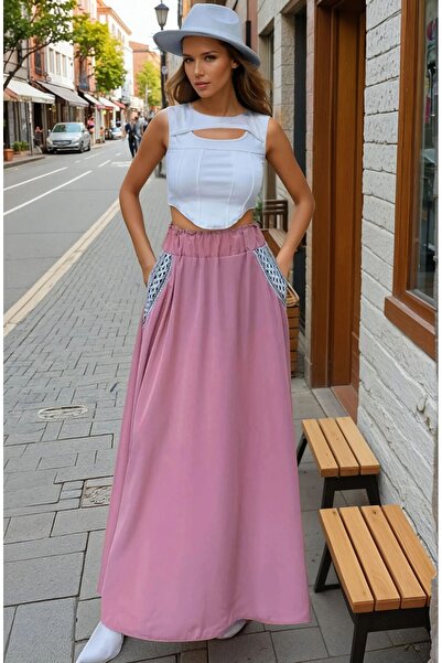 Pasaklı Giyim Women's Pink Long Kilos Skirt – Elastic Waist, Pockets, Straw Detail 3389308