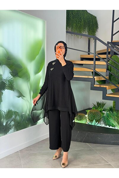 Armine Trend Yanları Şifon Garnili Pantolonlu Takım 25KT69 Siyah