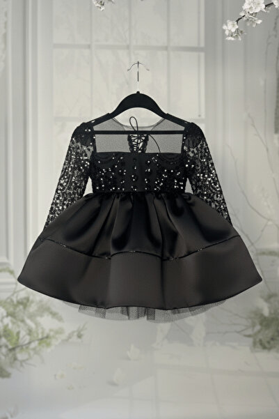 Bertuğ Bebek Boncuk Dantelli Kız Çocuk Bebek Kabarık Siyah Elbise