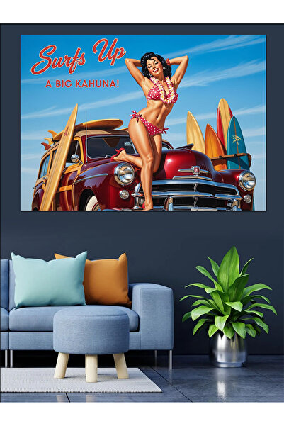 Artmeg Femeie Pin-Up în rochie albastră - Tablou decorativ din pânză - Lemn MDF