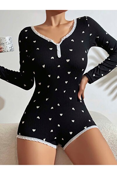 R RUSELİN Kadın Kalp Desenli Pijama Tulumu