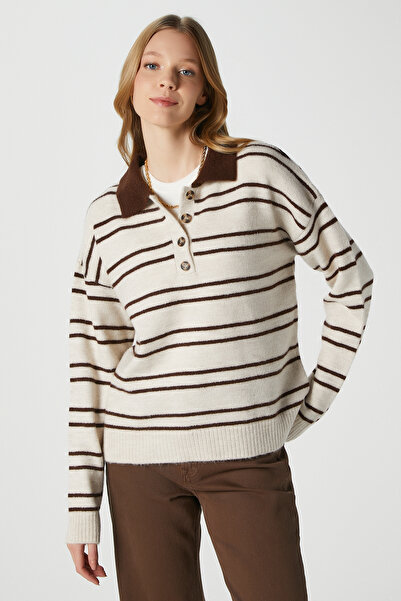 Ritnice Otto pentru femei, cu textura moale, cu guler polo, maro, bej, cu dungi 8587