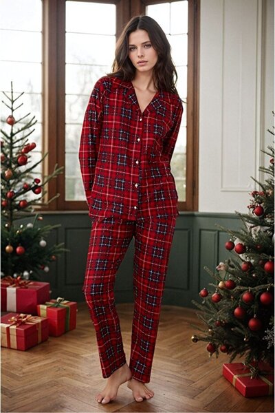 Tusebu Women's Red Plaid Buttoned Long Sleeve Pajama Set – Relaxed Fit