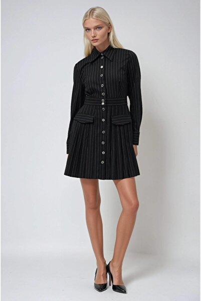 Lijuri Decorative pocket detailed full button striped dress 2941