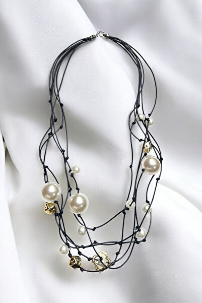 PETEK AKSESUAR Pearl Style Multi Long Leather Cord Necklace