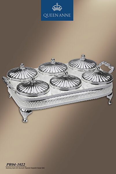QUEEN ANNE İngiliz Gümüşü Cam 6 Bölmeli Sunum Tepsili Kapaklı Kase Set 38*21 PR04-1022