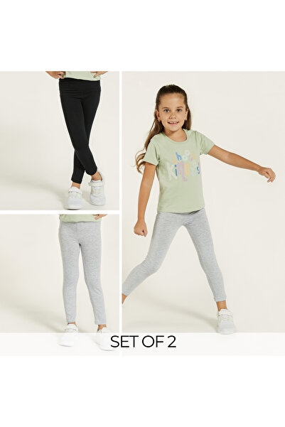 Juniors Solid Leggings with Elasticated Waistband - Set of 2