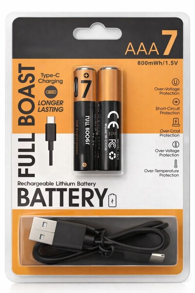 MATECHNO 2 Adet AAA7 Type-C Şarj Edilebilir Kalem Pil 1.5V 800mWh Kapasiteli Lityum-ion Pil