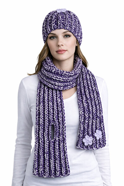 Uretti - Emine 9106 3640 Hand Knitted Beanie and Scarf Set - Purple