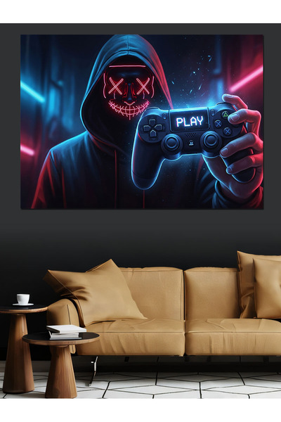 Artmeg Neon Işıklı Kapşonlu Gamer Figür Dekoratif Kanvas - Mdf Ahşap Tablo