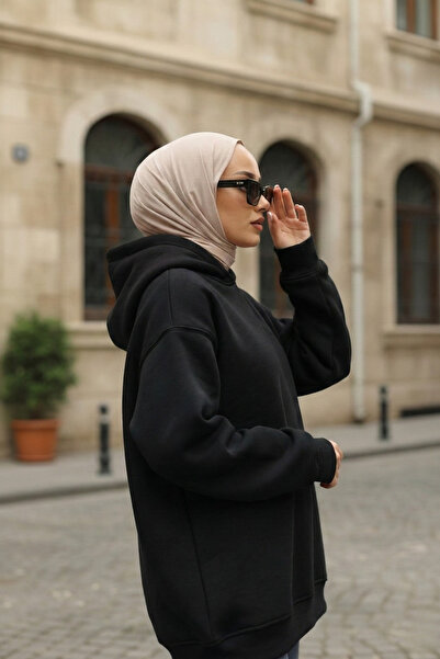 Zeneva Collection Siyah Pamuklu Kapüşonlu 2 İplik Sweatshirt