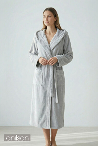 Anılsan Halat de baie Şalyaka cu glugă Gri bumbac 100% Unisex Ideal pentru Spa, Potrivit pentru Utilizare Zilnică Femei/Bărbaţi