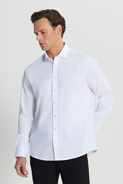 ALTINYILDIZ CLASSICS Men's White 100% Cotton Regular Fit Regular Cut Small Italian Collar Dobby Shirt
