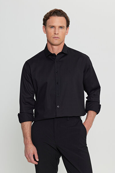 ALTINYILDIZ CLASSICS Men's Black 100% Cotton Regular Fit Regular Cut Small Italian Collar Dobby Shirt