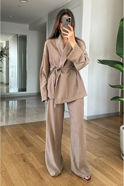 My Blog Dark Beige Shawl Collar Kimono Pants Set - 98655