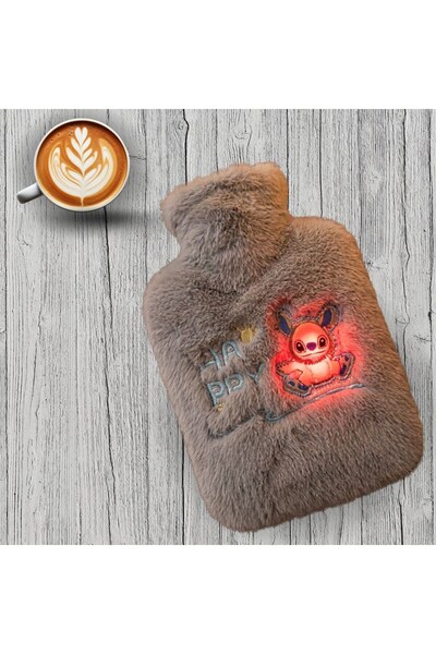 N&M STORE Gray Plush Hot Water Bag with Happy Robot Figure 1 Lt - Soft Cover, Warm Thermal Water Bag