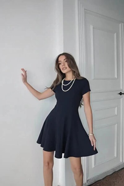 Swass Half Sleeve Flounce Dress Navy Blue