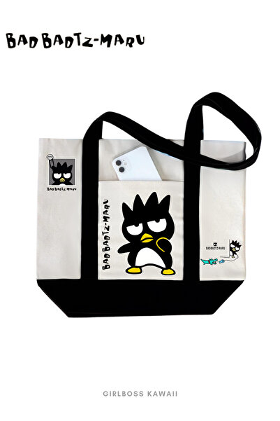 Girlboss Kawaii Bad Badtz Maru Large Canvas Bag with Pockets and Gussets / Sh...