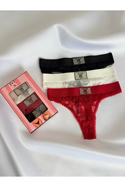 dorsha Taş Detaylı Dantelli Şık 3’lü Tanga Seti– Kırmızı, Siyah, Beyaz (KUTUL...