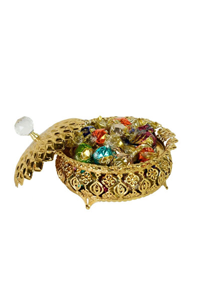 Ahinur Mutfak Mirrored Oval Sugar Bowl & Chocolate & Turkish Delight Bowl 15 cm Luxury Gold Lid with Crystal Knob