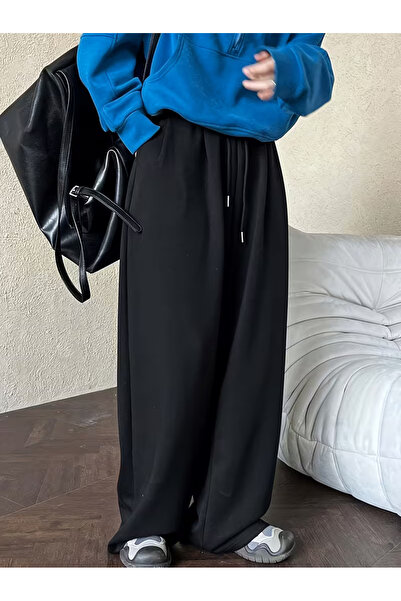 LOSMARY Kadın siyah rahat kalıp baggy düz paça eşofman altı