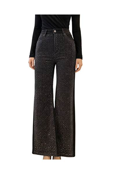 Qualia Butik Kadın Taşlı Pırıltılı Straight Siyah Jean