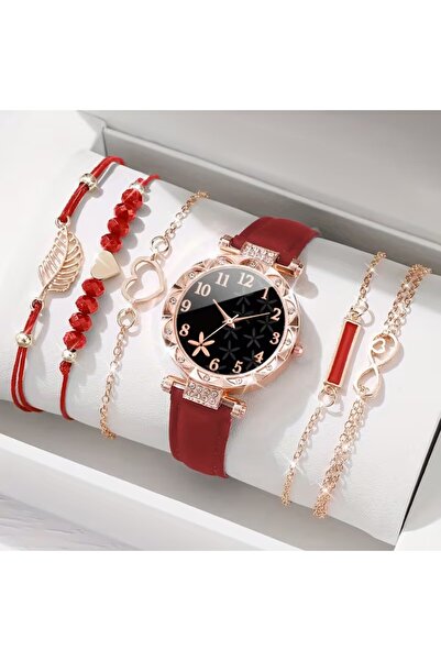 KOÇER AWM Kırmızı Renk Zarif Kadın Bileklikli Saat seti