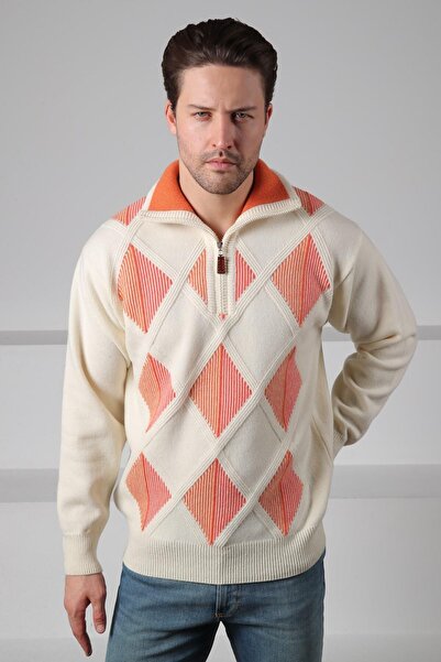 Ferraro Ανδρικό πλεκτό πουλόβερ από 100% μαλλί αρνιού με φερμουάρ και διαμάντ...