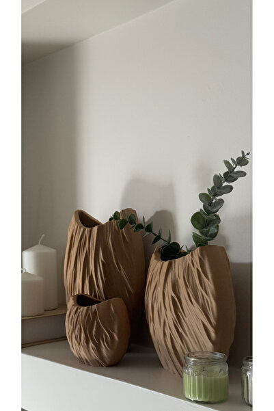 Safirgroup 3D Tasarım Dekoratif 3’lü Vazo , Saksı Seti - Ahşap Dokulu