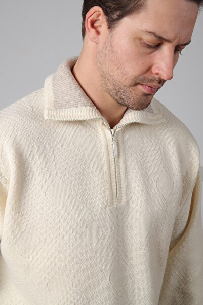 Ferraro سترة تريكو رجالية من صوف الحملان بنسبة 100%، بياقة عالية وسحاب، بنقش بارز وأكمام طويلة