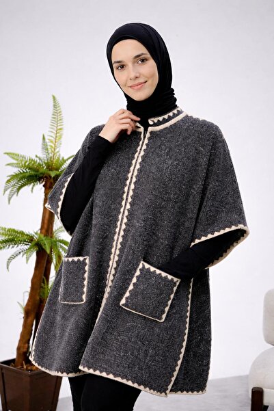 CNR TEKSTİL Beard Mixed Patterned Knitted Poncho