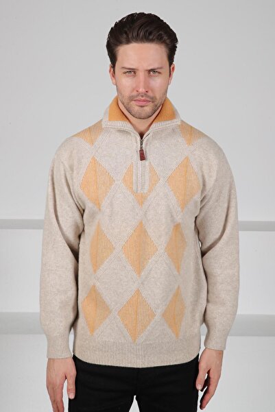 Ferraro سترة رجالية من الصوف الخالص 100٪ بنمط البقلاوة وياقة عالية مع سحاب، لون بيج/خرماني