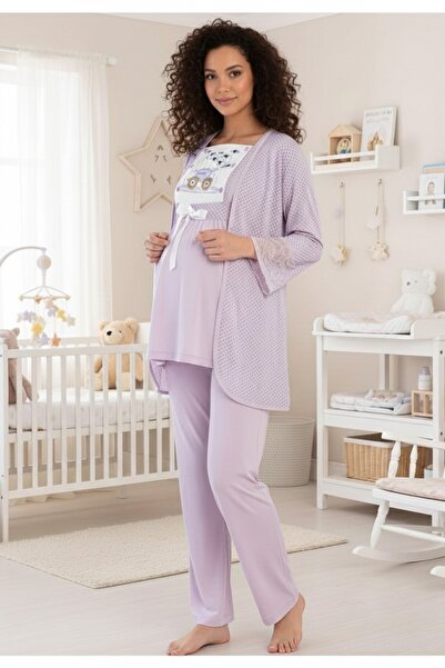 Miss Dünya Lissa Lilac Polka Dot Patterned Maternity and Postpartum Pajama Set with Dressing Gown