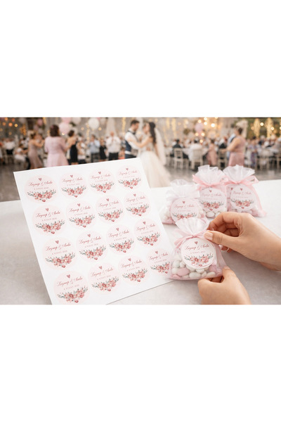 YAPIŞKAN STORE Hediyelik Sticker Etiket Düğün Nişan Kına 24 adet 4 cm yuvarlak çiçek ve pembe desenli