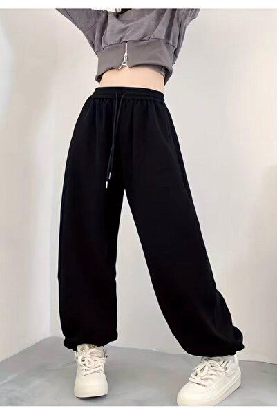 LOSMARY Kadın Siyah rahat kalıp paça lastik bol kalıp eşofman altı